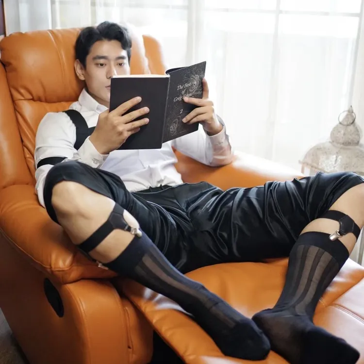 新款过膝男士正装袜子夏季锦纶欧美黑色条纹长筒纯色商务丝袜性感