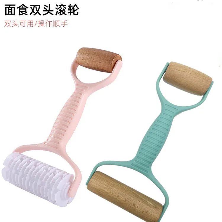 面食双头滚轮擀面杖披萨网格拉网刀饺子面皮器二合一多功能面粉棍