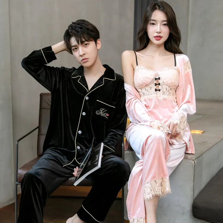 春秋冬季金丝绒情侣睡衣女性感吊带长袖长裤三件套家居服男款套装