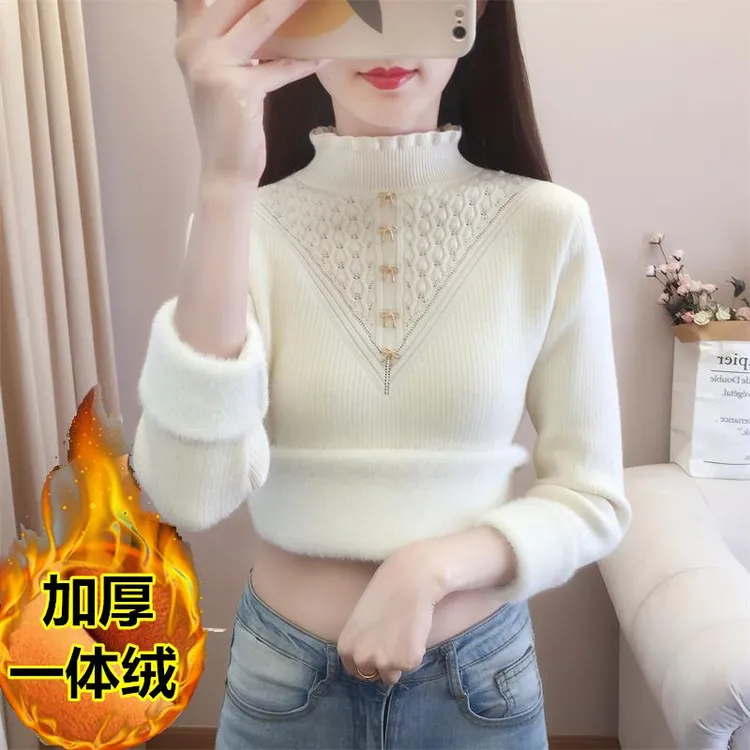【80-185斤】半高领【一体绒】加绒加厚女2025蝴蝶结秋冬保暖打底衫女