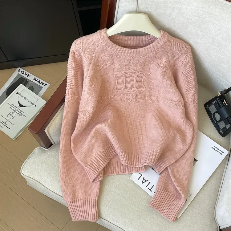 秋冬季新款独特超好看简约针织毛衣工艺款双面钩花圆领百搭上衣女