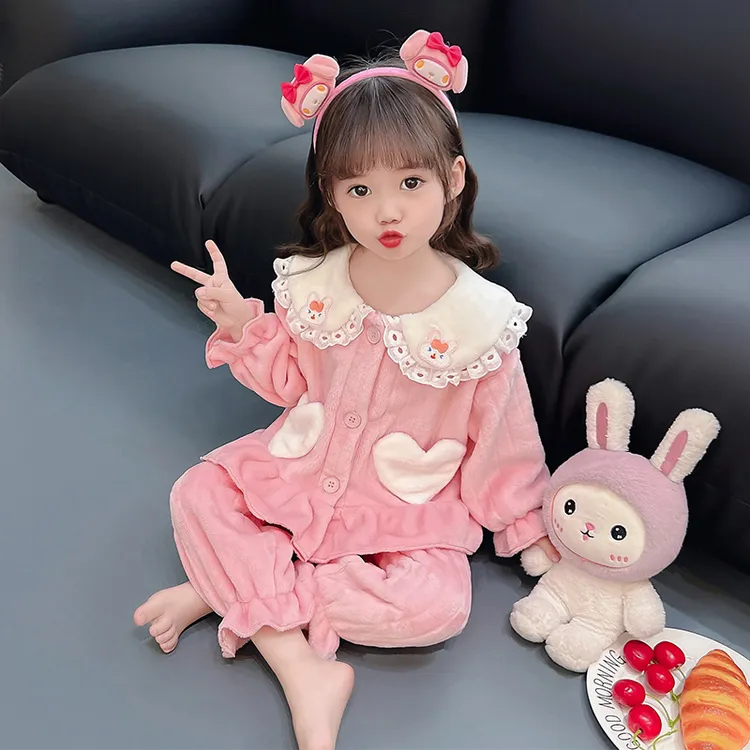 儿童秋冬季法兰绒小女孩分体保暖睡衣女童小宝宝珊瑚绒网红家居服