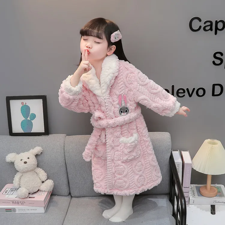 女童睡衣秋冬季法兰绒加厚珊瑚绒儿童浴袍家居服宝宝睡裙女孩睡袍