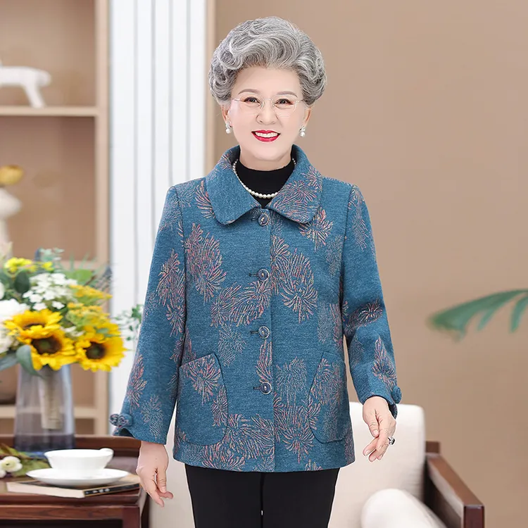 奶奶老人外套春秋新款翻领女装奶奶大码中老年妈妈装高贵外套洋气