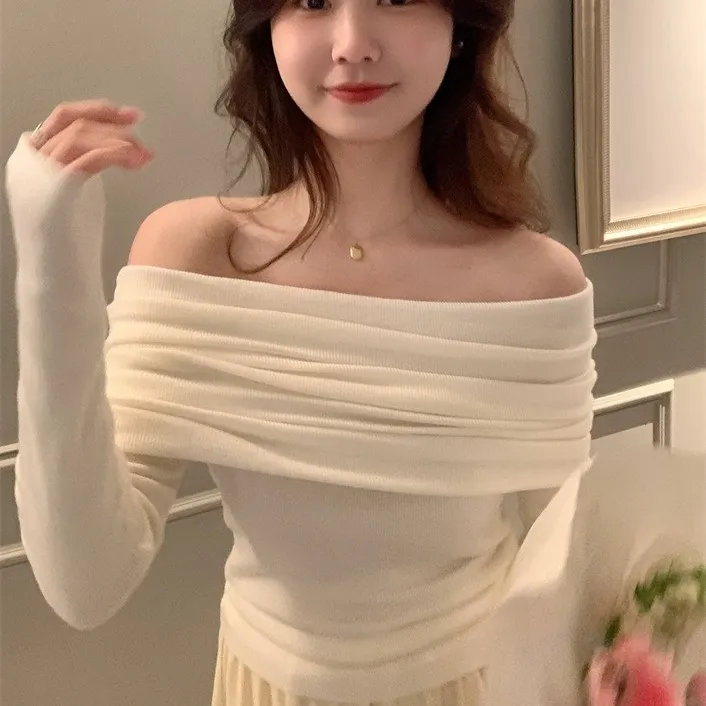 秋装女士毛衣内搭长袖秋冬一字领露肩修身显瘦法式打底针织衫上衣