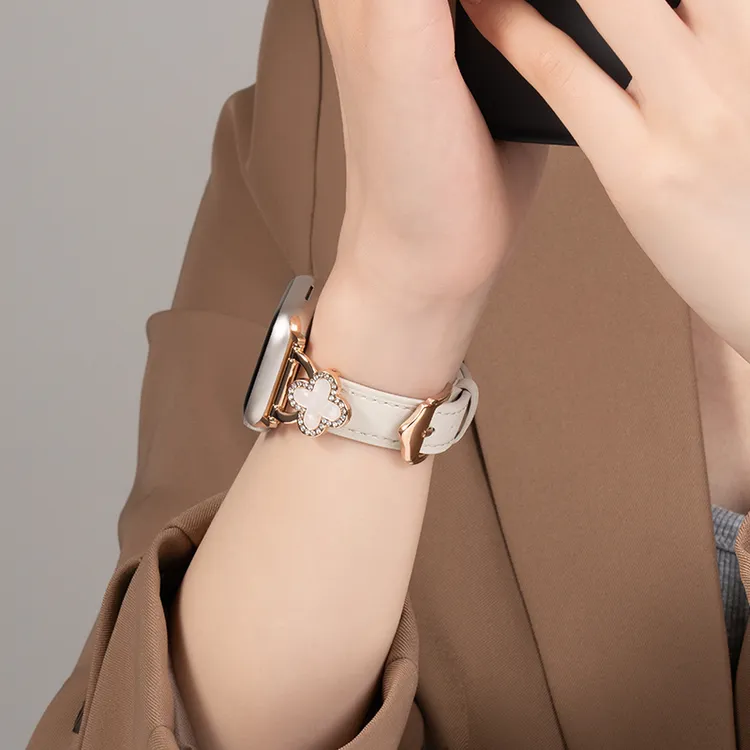适用applewatchS10表带真皮四叶草镶钻苹果S9手表S8秋冬SE女高级7