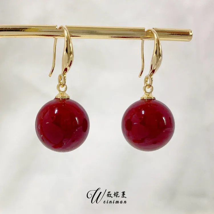 铜合金合成锆石耳饰 过年喜庆时尚气质百搭珠子耳环W052