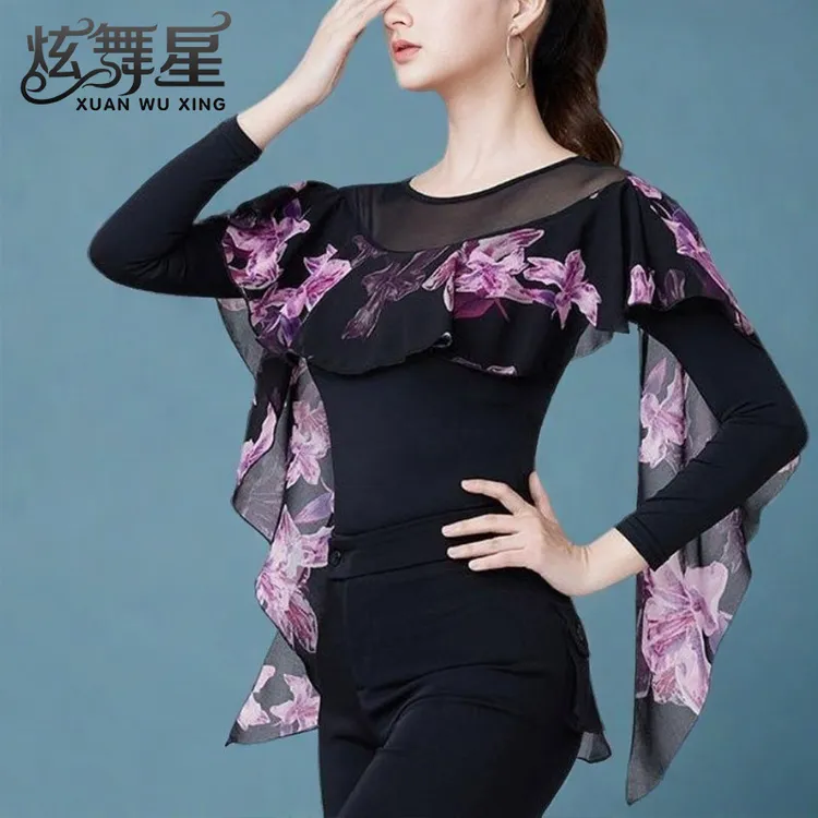拉丁舞上衣女新款气质印花华尔兹舞蹈服高级感圆领长袖交谊舞服装