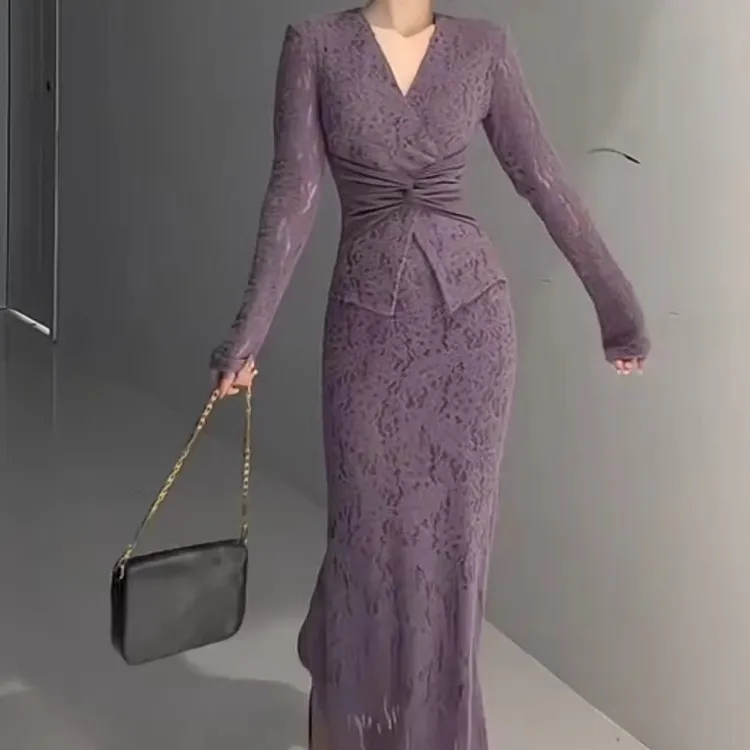 新款假两件长袖气质性感包臀连衣裙