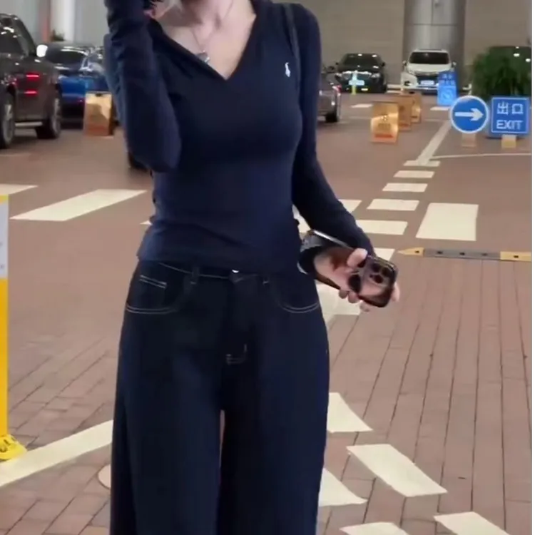 新款时尚洋气V领连帽长袖上衣高腰阔腿裤女装