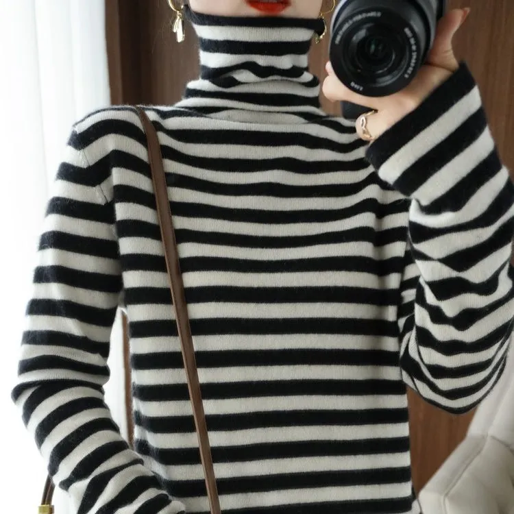 秋冬复古条纹堆堆领毛衣女宽松打底衫加厚高领针织衫显瘦百搭上衣