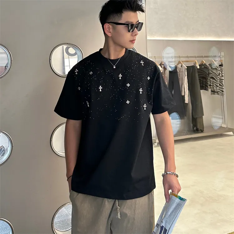 夏季新款满天星t恤男十字烫钻休闲时尚潮流圆领韩版百搭短袖上衣