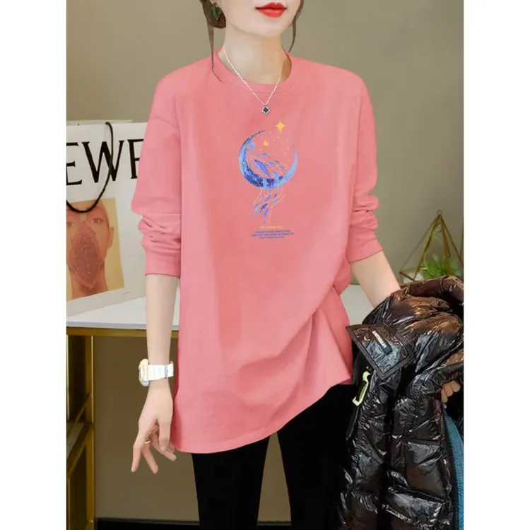 中长款圆领长袖T恤女宽松内搭2023年秋装新款粉色大版短袖t恤女