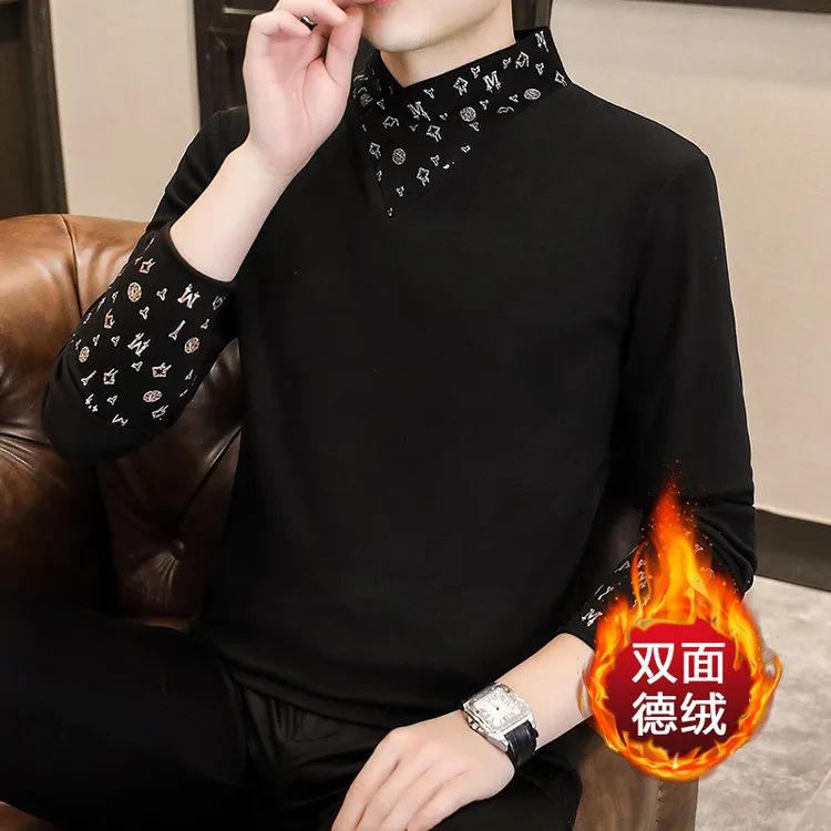 2024秋冬新款德绒假两件打底衫男士半高领双面绒保暖卫衣修身百搭