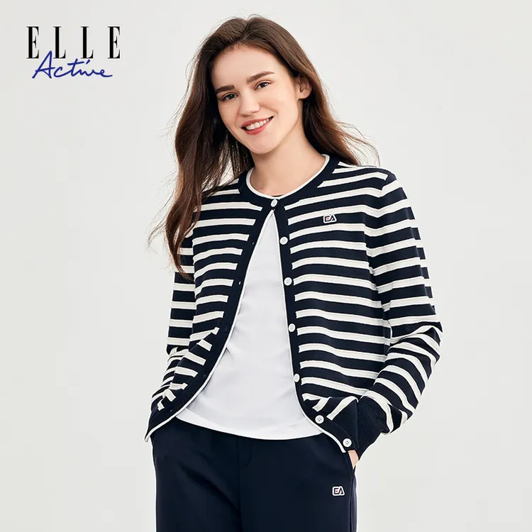 ELLE Active航海系新款气质条纹开衫女百搭针织衫春秋圆领短外套