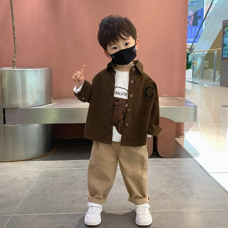 儿童春秋装长袖衬衫套装2025男童衬衣T恤休闲童装潮帅百搭三件套