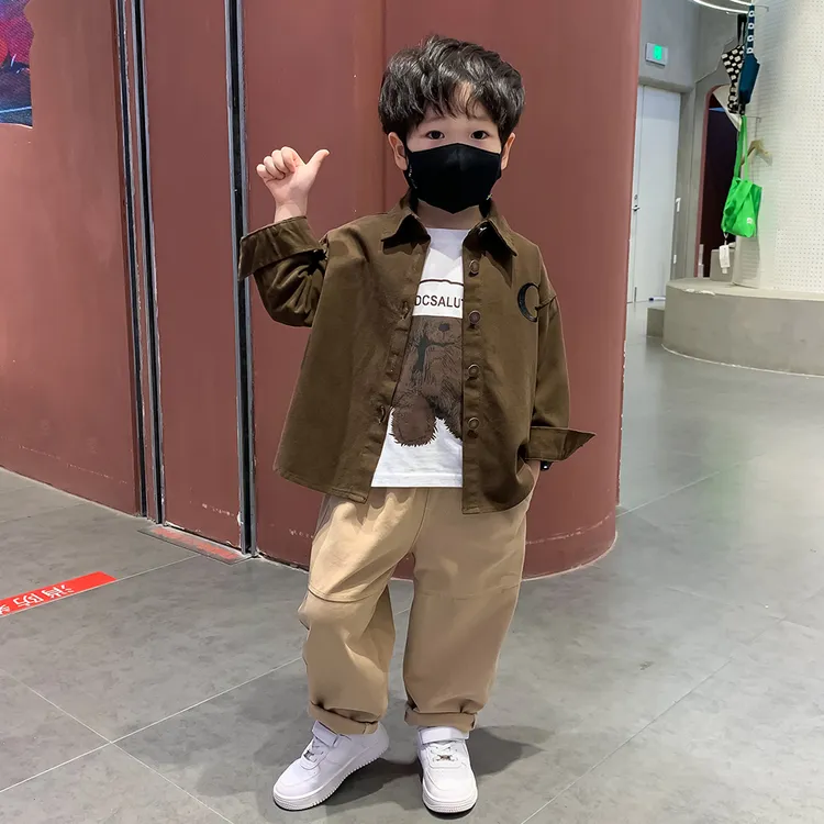 男童春秋装韩版长袖衬衫套装2025儿童休闲百搭衣服帅气童装三件套