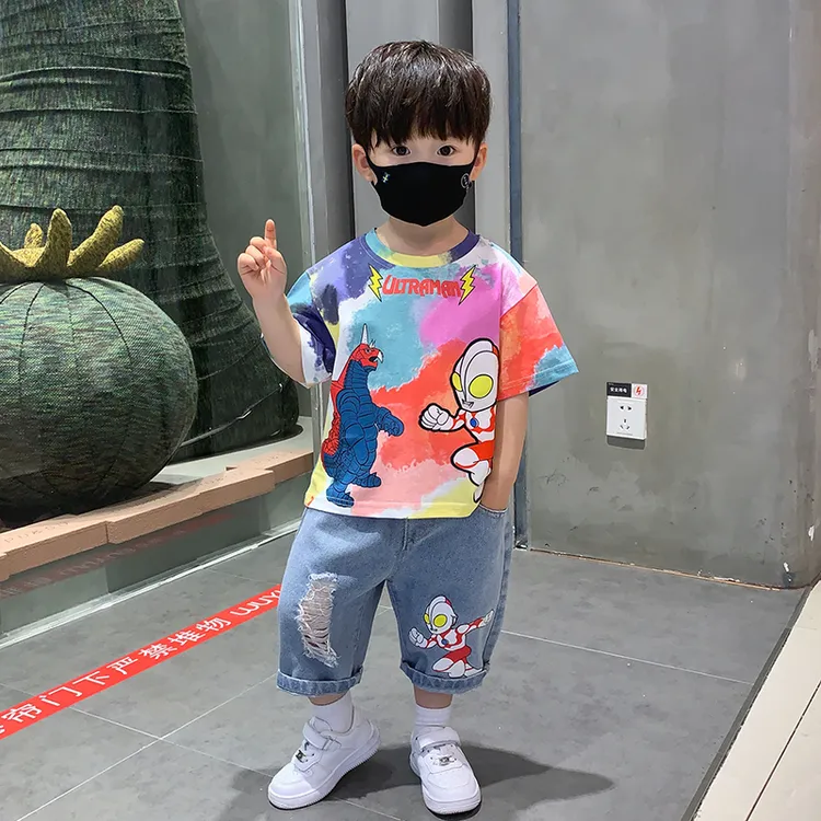 经典奥特曼儿童夏装套装夏季扎染男童短袖两件套洋气小孩潮帅童装