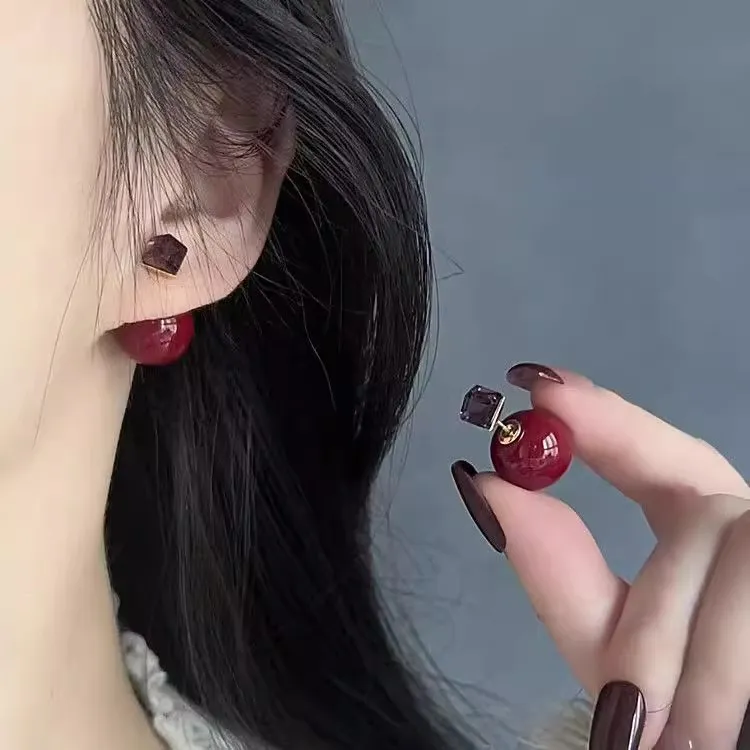 复古红色仿珍珠方糖耳环法式轻奢高级银针耳钉气质耳饰4676