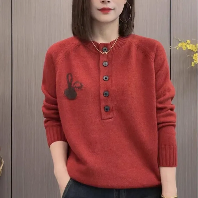 宽松显瘦【80-200斤】圆领纽扣套头毛衣女秋冬减龄提花针织打底衫潮