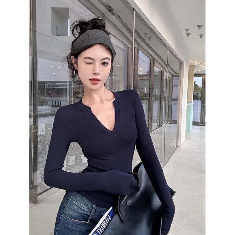 2025气质弹力辣妹心机设计感打底衫长袖百搭修身显瘦内搭纯欲9965