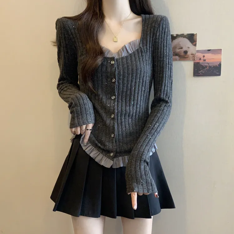 大码女装遮肉显瘦正肩长袖衬衫秋季胖MM花边领别致短款打底衫上衣