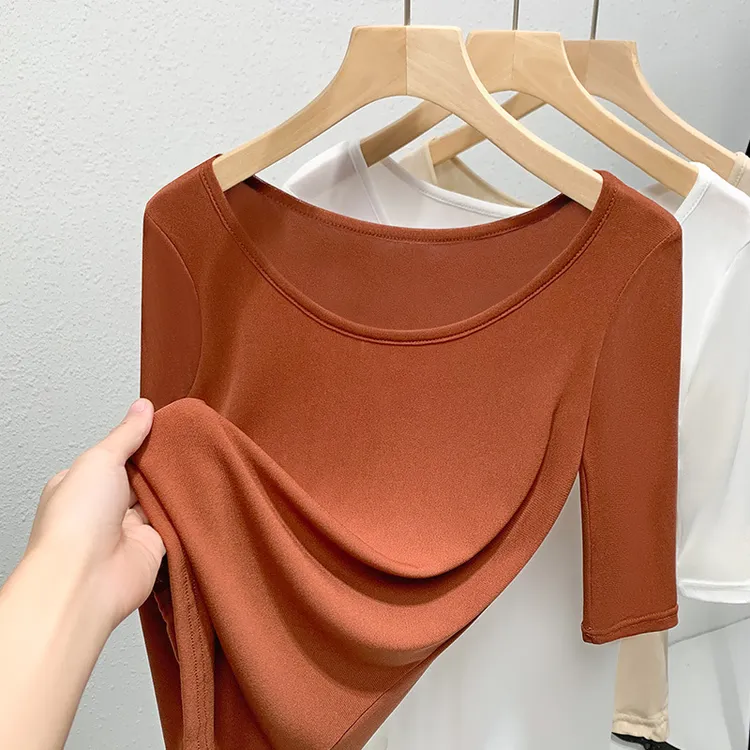 中袖t恤女2025新款女装大圆领纯色半袖体恤弹力收腰上衣网纱衫