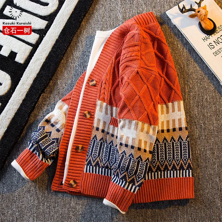仓石一树毛衣外套男士秋冬季港风复古拼色宽松V领开衫休闲针织衫