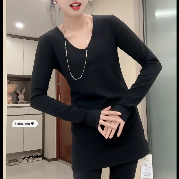 长袖V领打底衫T恤女秋冬新款小个子修身显瘦中长款上衣8596