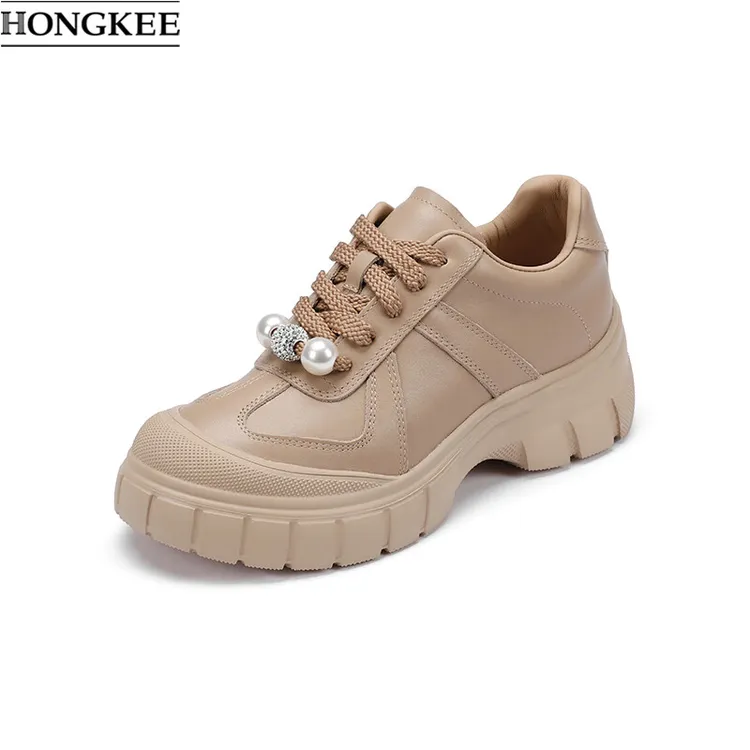 秋季牛皮圆头系带软底舒适厚底休闲鞋HD94D3