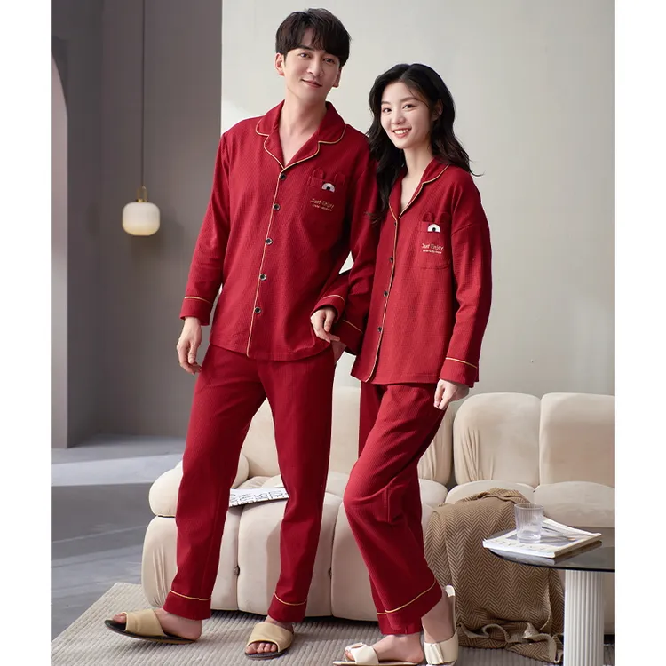 开衫纯棉男女款睡衣可外穿套装翻领长袖长裤情侣结婚大红色家居服