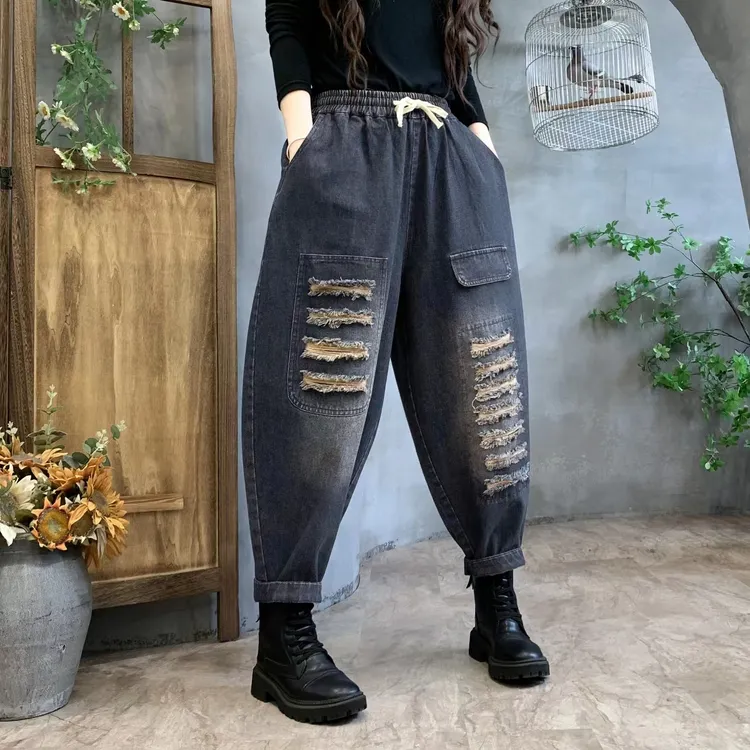 新款正版哈伦裤牛仔女裤休闲百搭个性萝卜宽松做旧时尚裤子春秋款