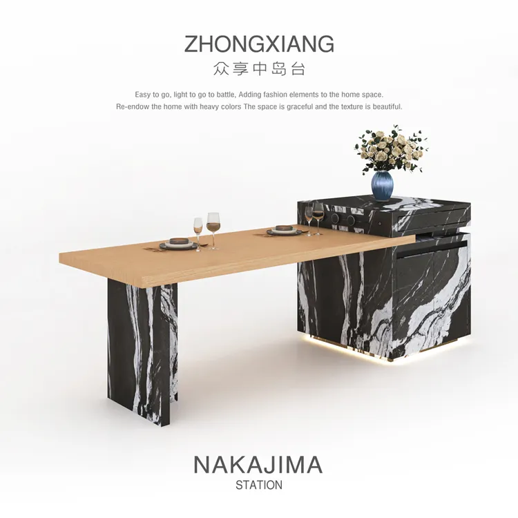 现代轻奢黑白岩板中岛台餐桌一体设计可伸缩开放式厨房家用多功能