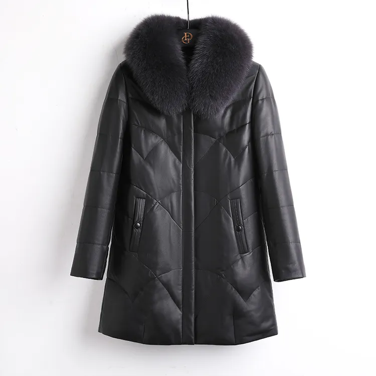 法歌弟FA23107 中长款加厚保暖冬季大毛领狐狸毛领中老年真皮外套