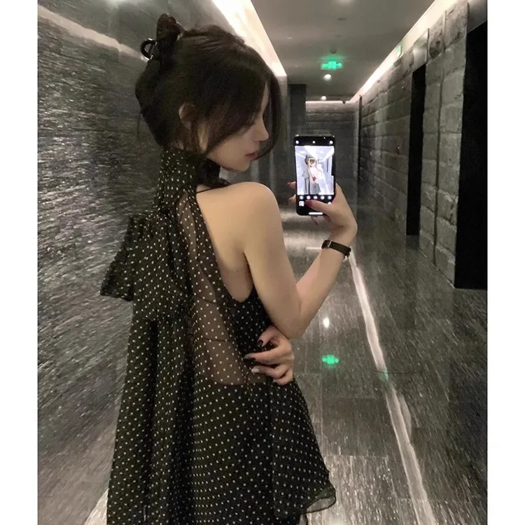 赫尔旧约黑色系带波点无袖雪纺衬衫女法式气质高级感宽松显瘦上衣