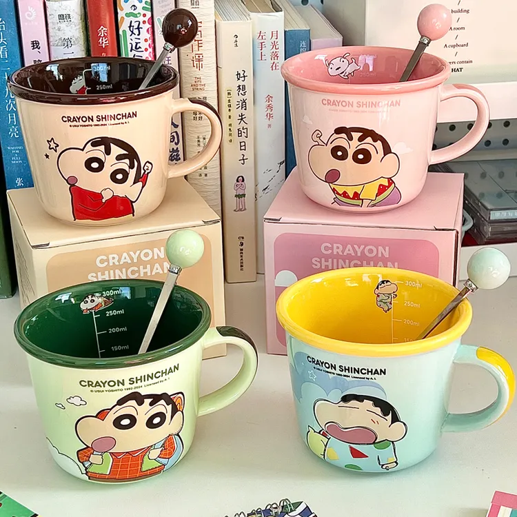 可爱蜡笔小新陶瓷马克杯儿童带刻度水杯子情侣咖啡早餐杯生日礼物