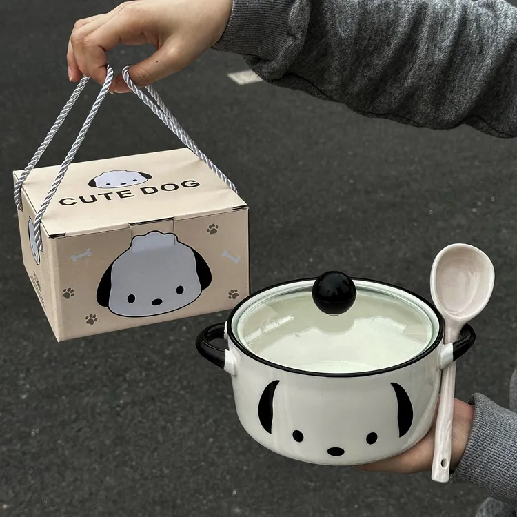 韩式帕恰狗陶瓷泡面碗带盖学生宿舍双耳方便面碗送男女生生日礼物