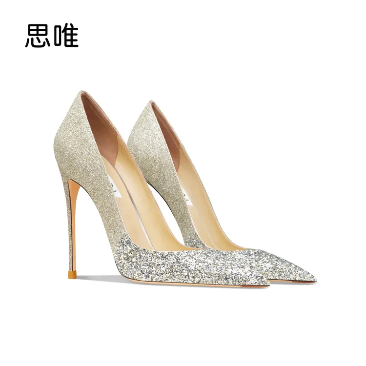 思唯时尚金色渐变拼色亮片高跟鞋女细跟2024年新款设计感小众单鞋