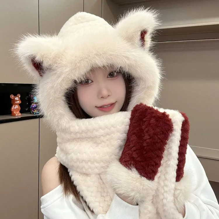 毛绒小熊狐狸耳朵帽子围巾一体手套女冬季保暖三件套防风护耳滑雪