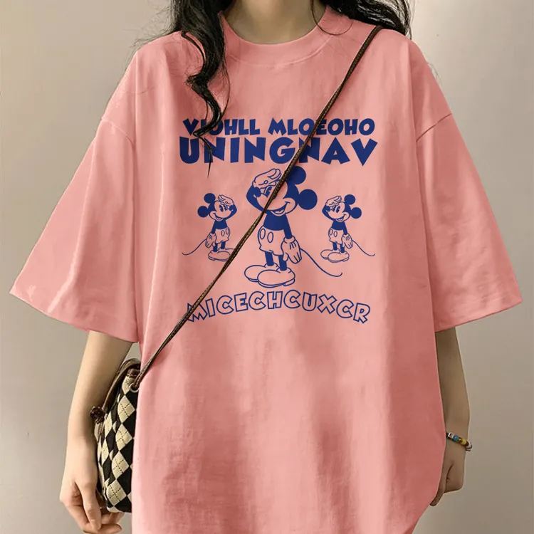 米老鼠印花100%纯棉胖妹妹大码2-300斤短袖女T恤夏季圆领上衣体恤