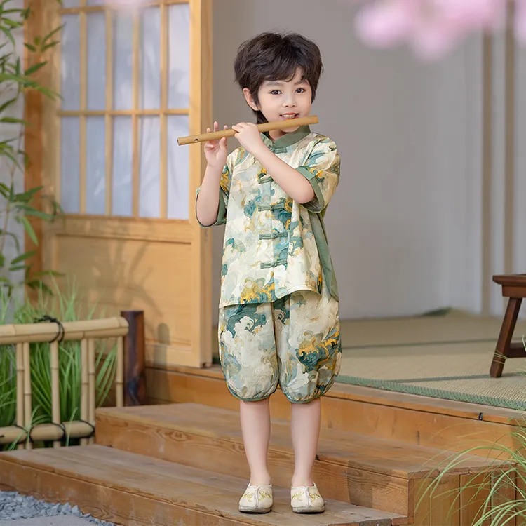 儿童短袖套装2024夏季新款七彩祥云复古汉服套装帅气潮酷时尚套装
