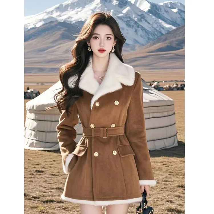 高级皮毛一体外套上衣女2024新款小个子收腰显瘦中长款保暖外套