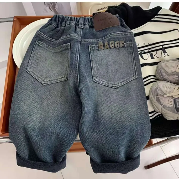 男童一体绒牛仔裤2024冬季韩版儿童柔软加绒裤子酷帅小童时尚长裤