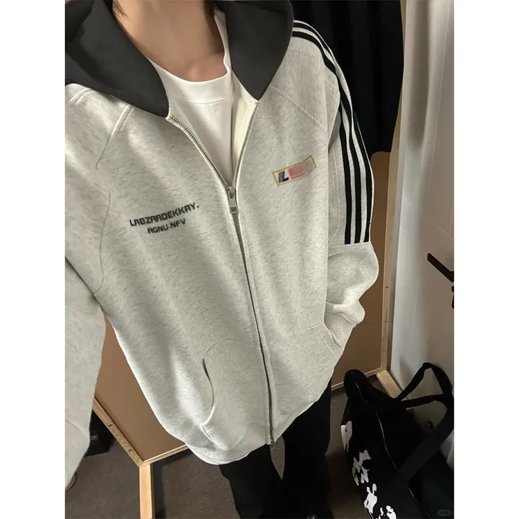 labzaa美式潮牌撞色条纹加绒连帽卫衣开衫男秋冬宽松休闲连帽外套