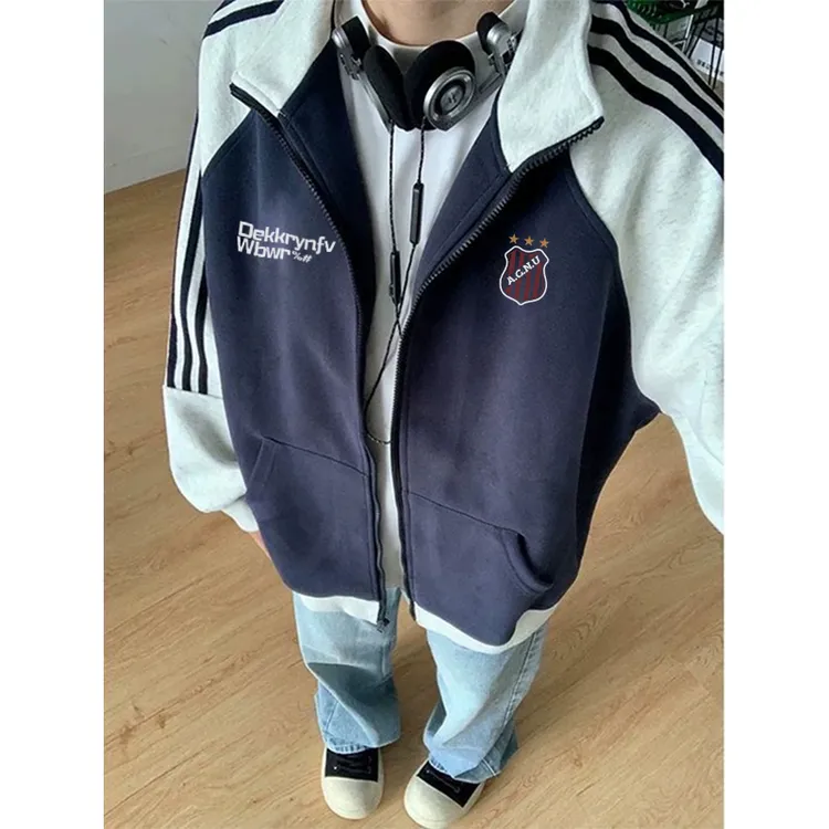 labzaa美式个性字母印花三条杠开衫卫衣男秋冬季宽松外套潮流上衣