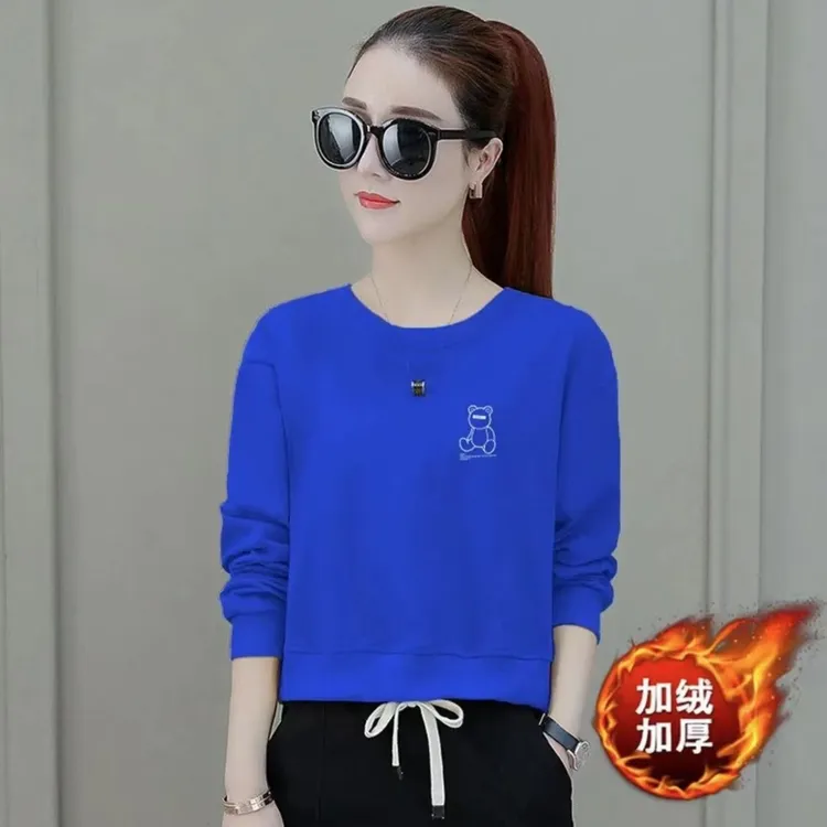 加绒克莱因蓝短款长袖卫衣女春秋上衣宽松圆领卫衣宝蓝色2024