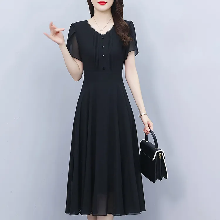 气质雪纺连衣裙女2025年新款夏季别致时尚短袖轻熟风黑色a字裙子