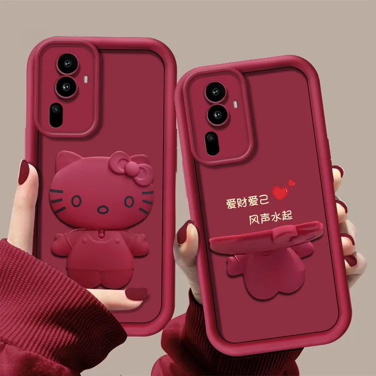 适用【opporeno11】手机壳猫咪支架酒红色创意可爱卡通全包防摔女款