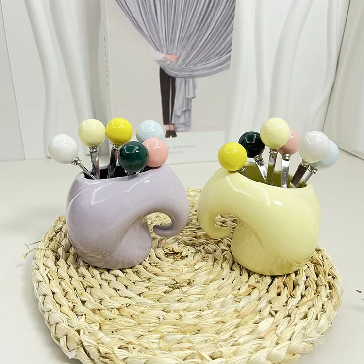 创意304不锈钢水果叉套装家用可爱陶瓷小象收纳罐果签插点心叉