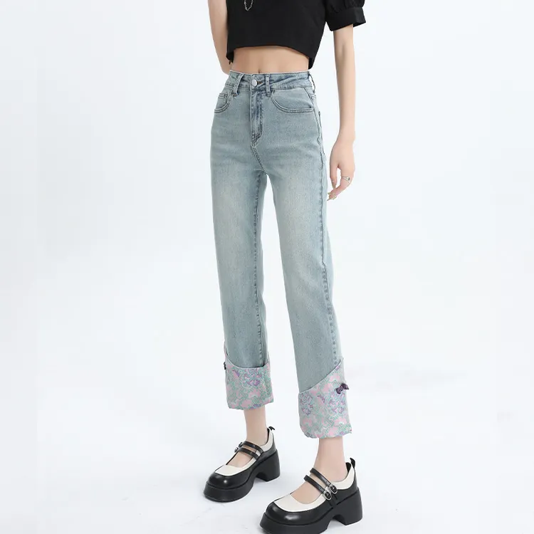 中腰直筒牛仔裤女2025春秋新款盘扣民族风设计感百搭九分烟管裤子